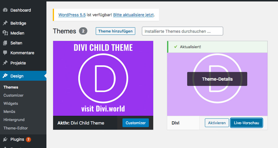 Divi Theme und WordPress aktualisieren, BackUp mit UpdraftPlus erstellen